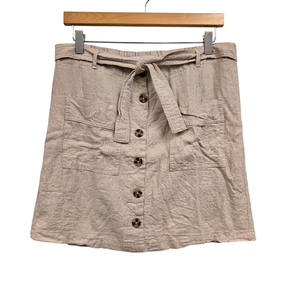 Women's M Beige Linen Blend Button‎ MIni Skirt Preppy School Summer
